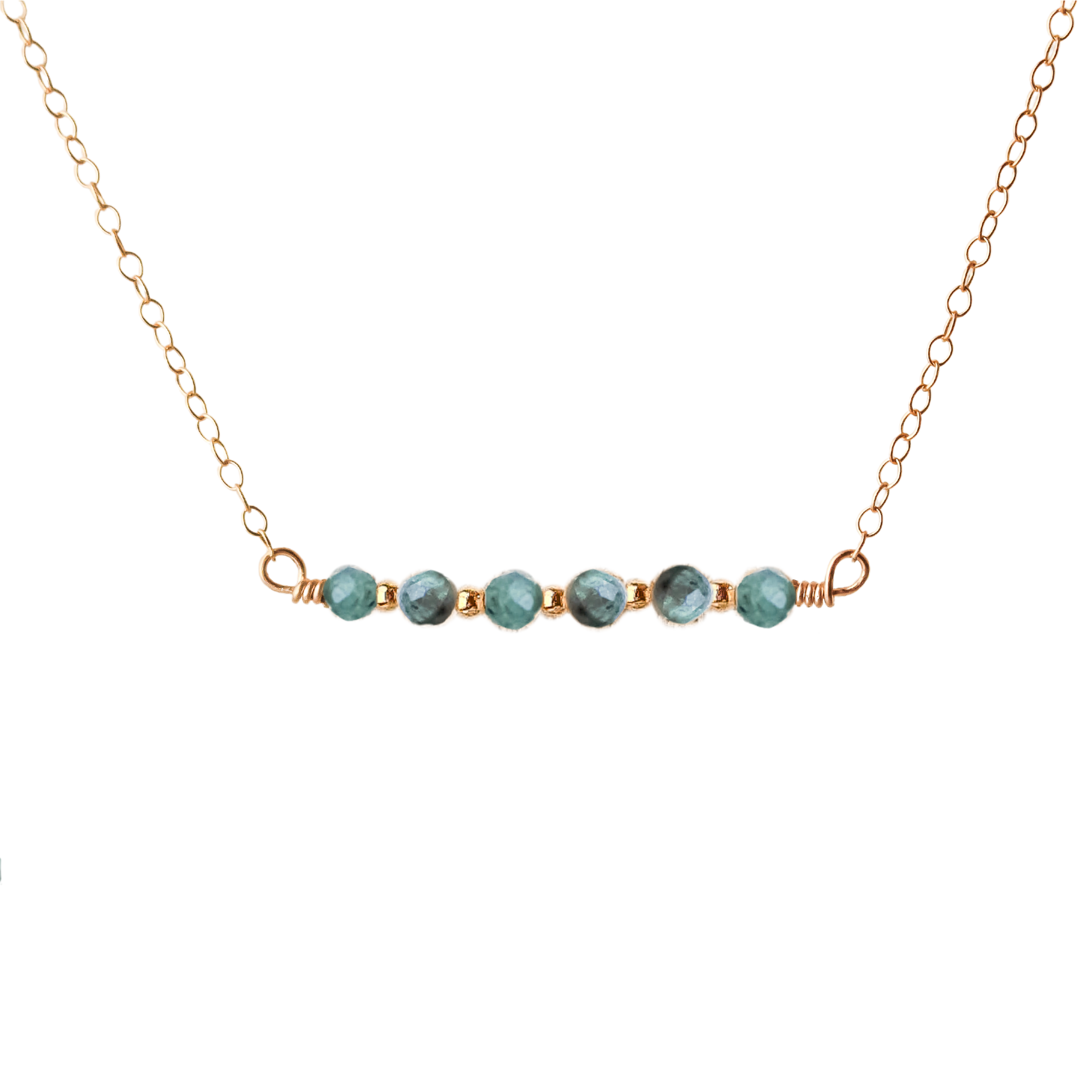 sand + salt gemstone bar necklace with gold-filled chain and green kyanite gemstones