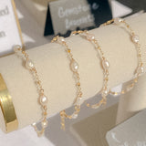 pearlfect bracelets on display, gold filled and freshwater pearl dainty bracelets